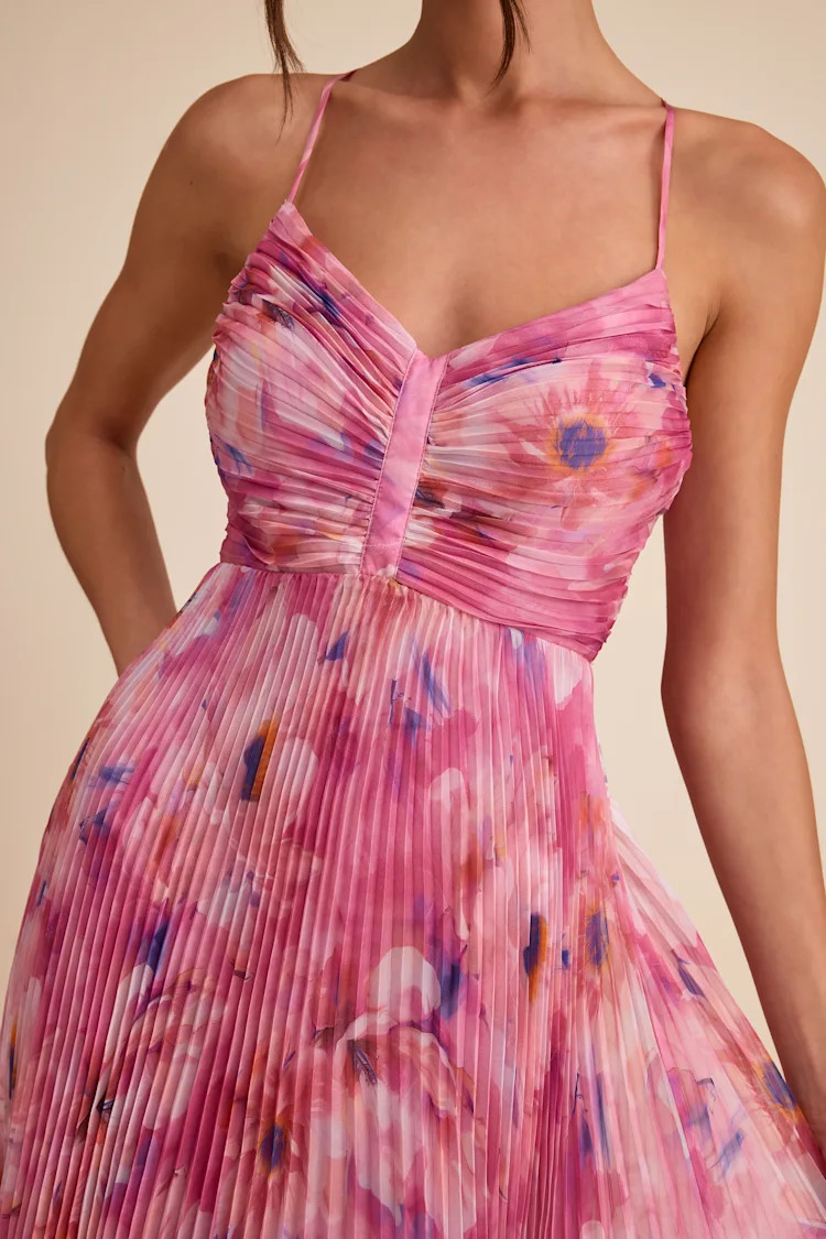 Whitley Pink Floral Pleated Sleeveless Maxi Dress | Lulus