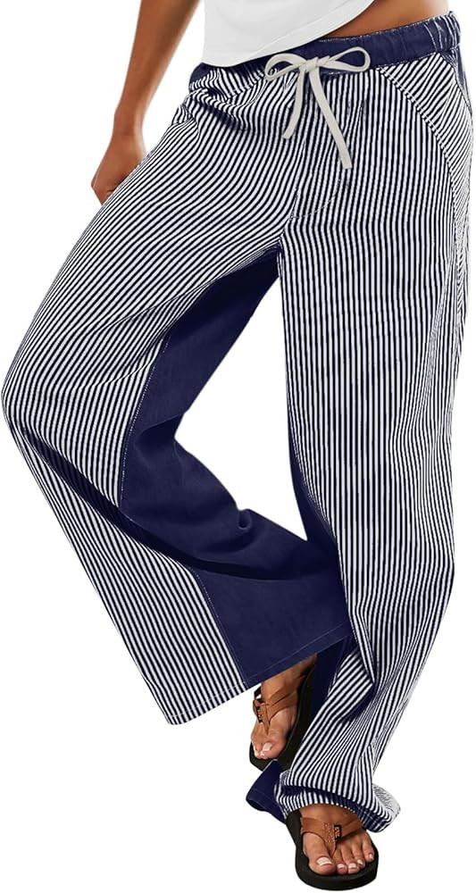 Low Rise Striped Pants for Women Pull On Drawstring Boho Wide Leg Jeans Trendy 2025 | Amazon (US)