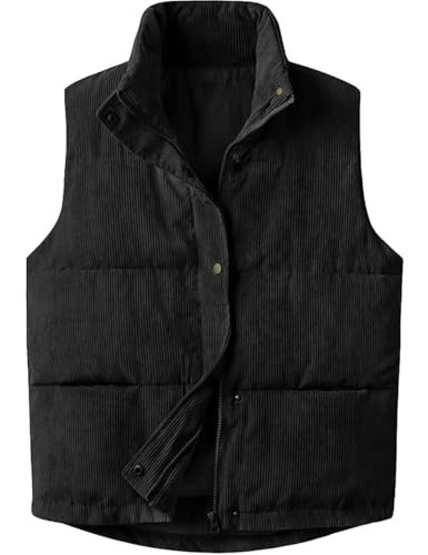 Aisongyuan Womens Corduroy Puffer Vest Stand Collar Zip Snap Button Sleeveless Warm Waistcoat Padded Gilet(Black,M) | Amazon (US)