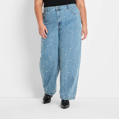 Women's Mid-Rise Studded Barrel Leg Jeans - Future Collective Blue Denim 26 | Target