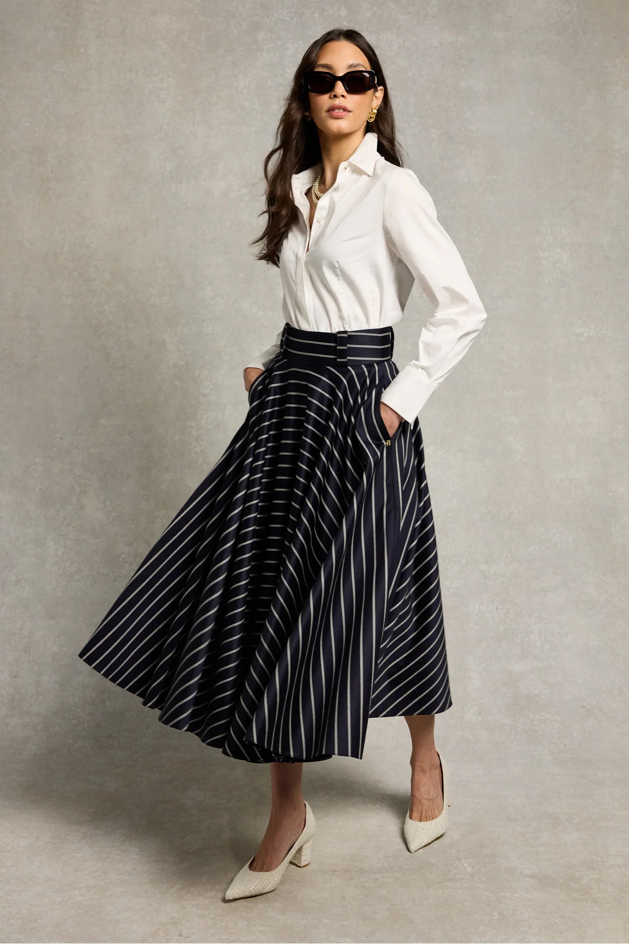 360 Maxi Circle Skirt (Ink Navy Wide Stripe) | Holland Cooper