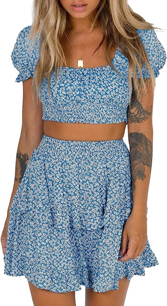 Summer Dress Two Piece Outfits for Women Chiffon Crop Short Sleeve Tops Set Sun Flowy Summer Outf... | Amazon (US)
