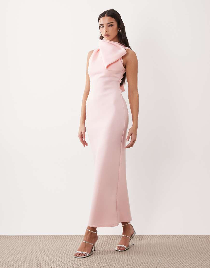 ASOS DESIGN high neck fallen bow detail midi dress in pale pink scuba-style fabric | ASOS (Global)