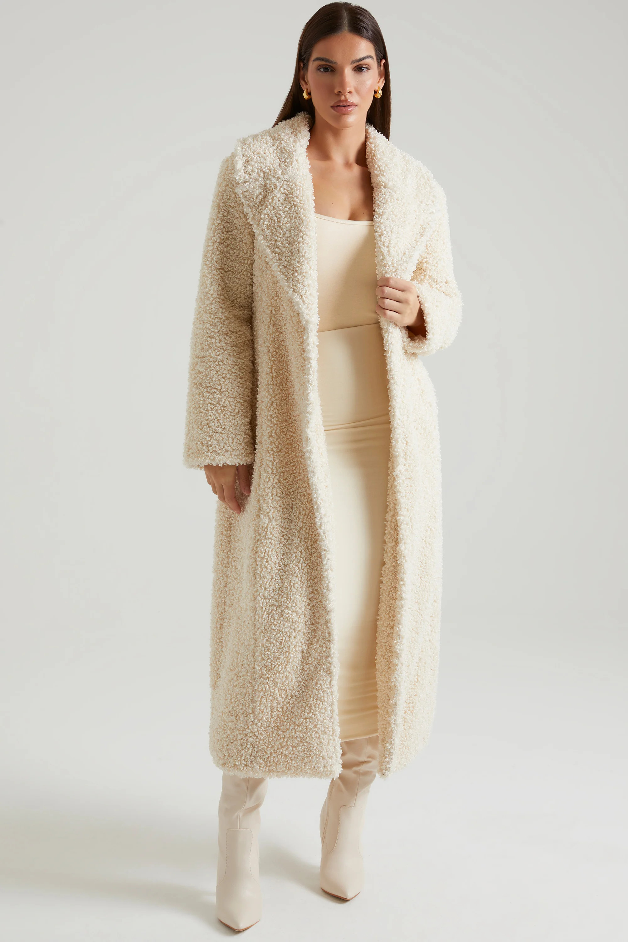 Long Shearling Coat in Cream | Oh Polly