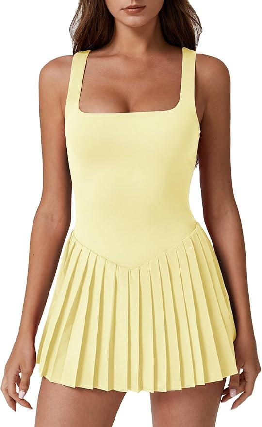 QINSEN Womens Square Neck Tennis Dress Pleated Sleeveless Built in Shorts Golf Athletic Dress wit... | Amazon (US)