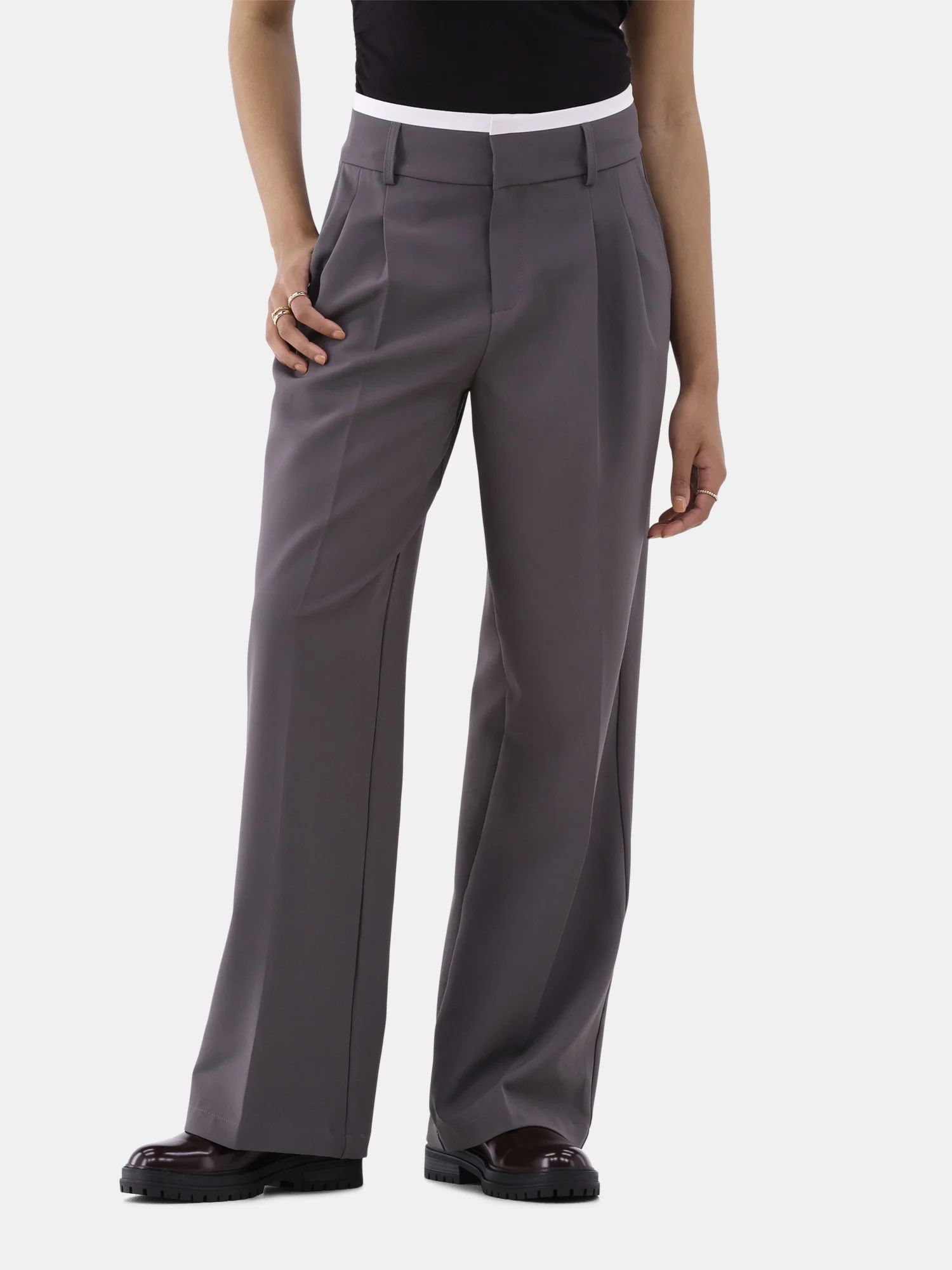 No Boundaries Double Waistband Twill Trousers, Women's - Walmart.com | Walmart (US)