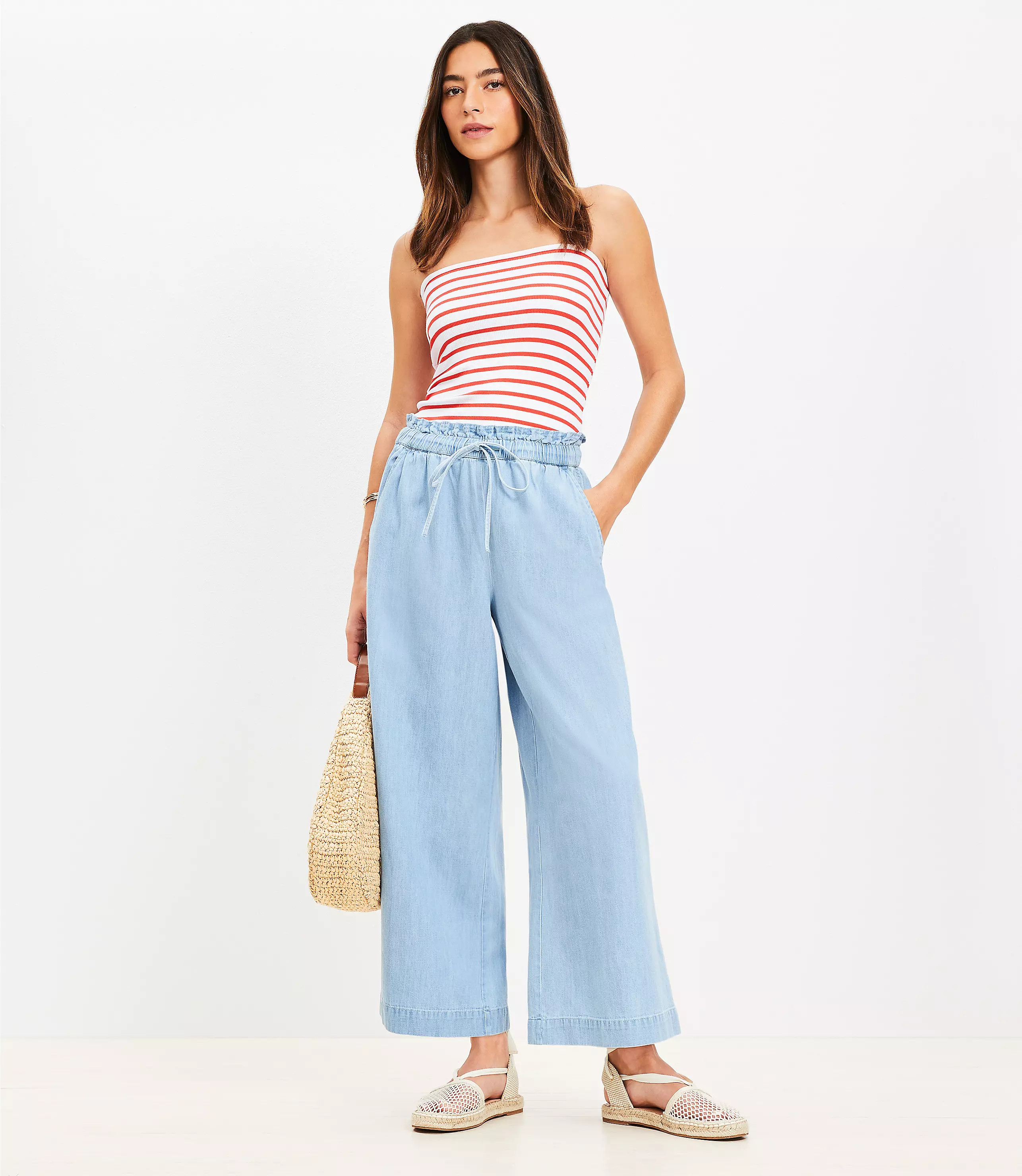 Breezy Wide Leg Ankle Pants in Chambray | LOFT