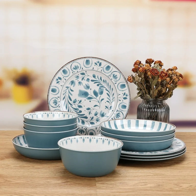 Better Homes & Gardens 12-Piece Bamboo Melamine Dinnerware Set, Blue | Walmart (US)