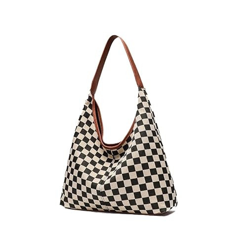 hibear Checkered Purse for Women Canvas Hobo Handbag Checkered Shoulder Bag Slouchy Tote Purses 2025 (brown) | Amazon (US)