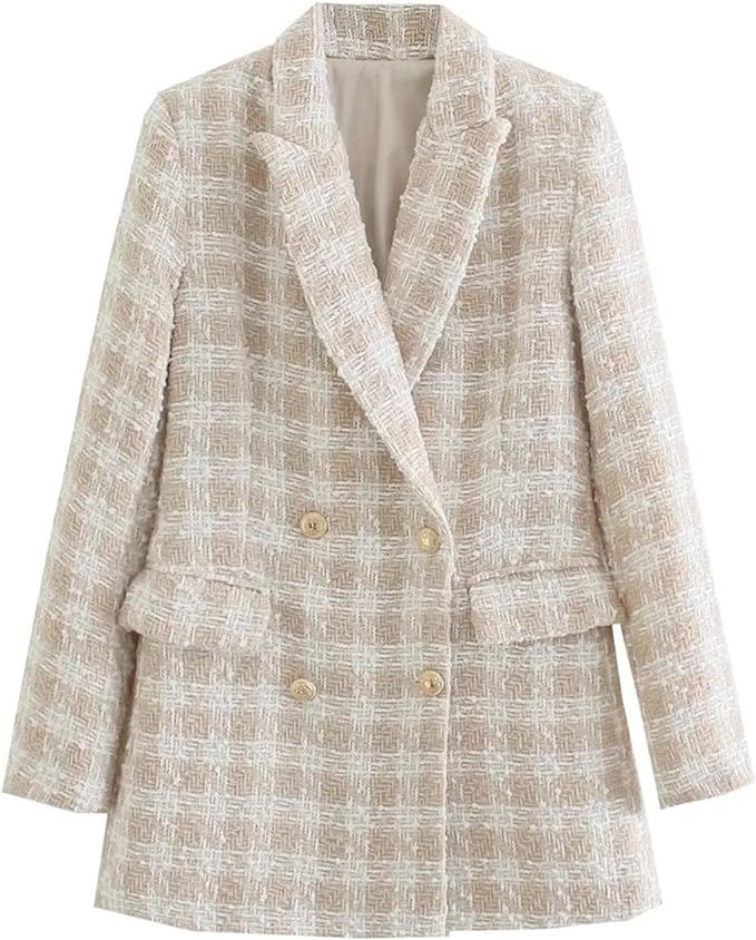 Women's Retro Plaid Double Breasted Spring and Autumn Jacket Women's Suit Coat Pocket Beige, Size... | Amazon (US)