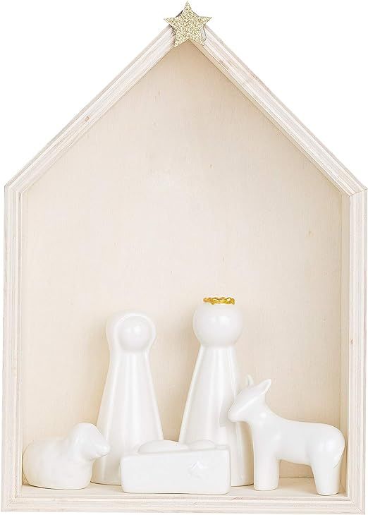 Creative Co-Op Wood Nativity with Ceramic (Set of 6 Pieces) Figures and Figurines, White | Amazon (US)