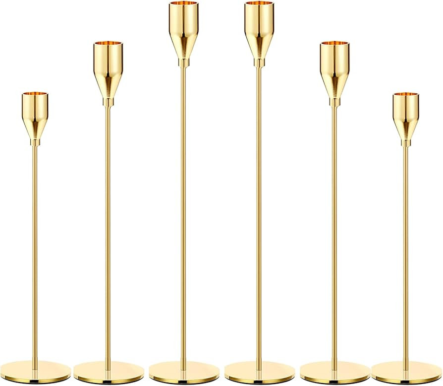 6Pcs Lemon Gold Candle Holders,Tall Taper Gold Candlestick fit 3/4" Thick Pillar Candle Led Moder... | Amazon (US)