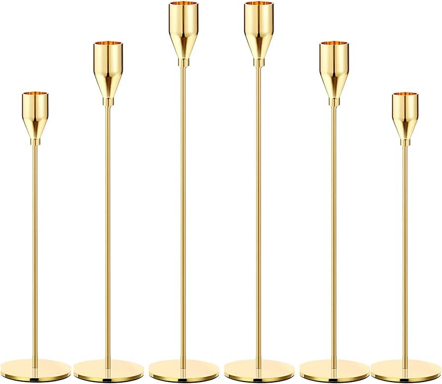 6Pcs Lemon Gold Candle Holders,Set of 6 Tall Taper Gold Candlestick fit 3/4" Thick Pillar Candle Led Modern Metal Candles, Elegant Stands Decorative Table Centerpieces for Dinning Party Decorative | Amazon (US)