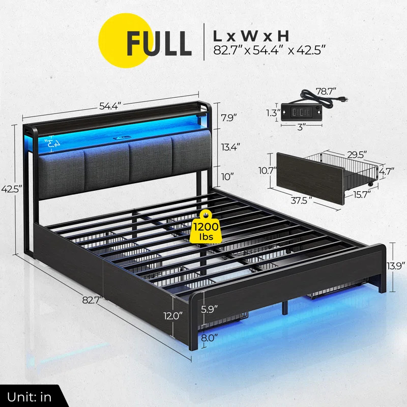 Franzi Bed with Storage Headboard, 4 Storage , Charging Station and LED Lights | Wayfair North America