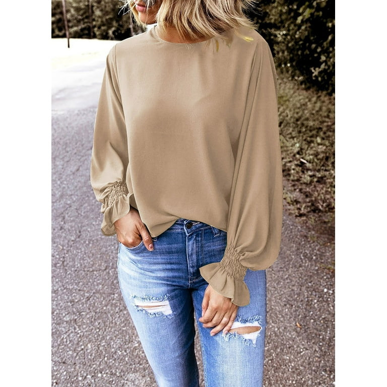 EVALESS Womens Summer/Fall 2022 Fashion Long Sleeve Ruffle Bubble Sleeve Blouses Crew Neck Solid ... | Walmart (US)
