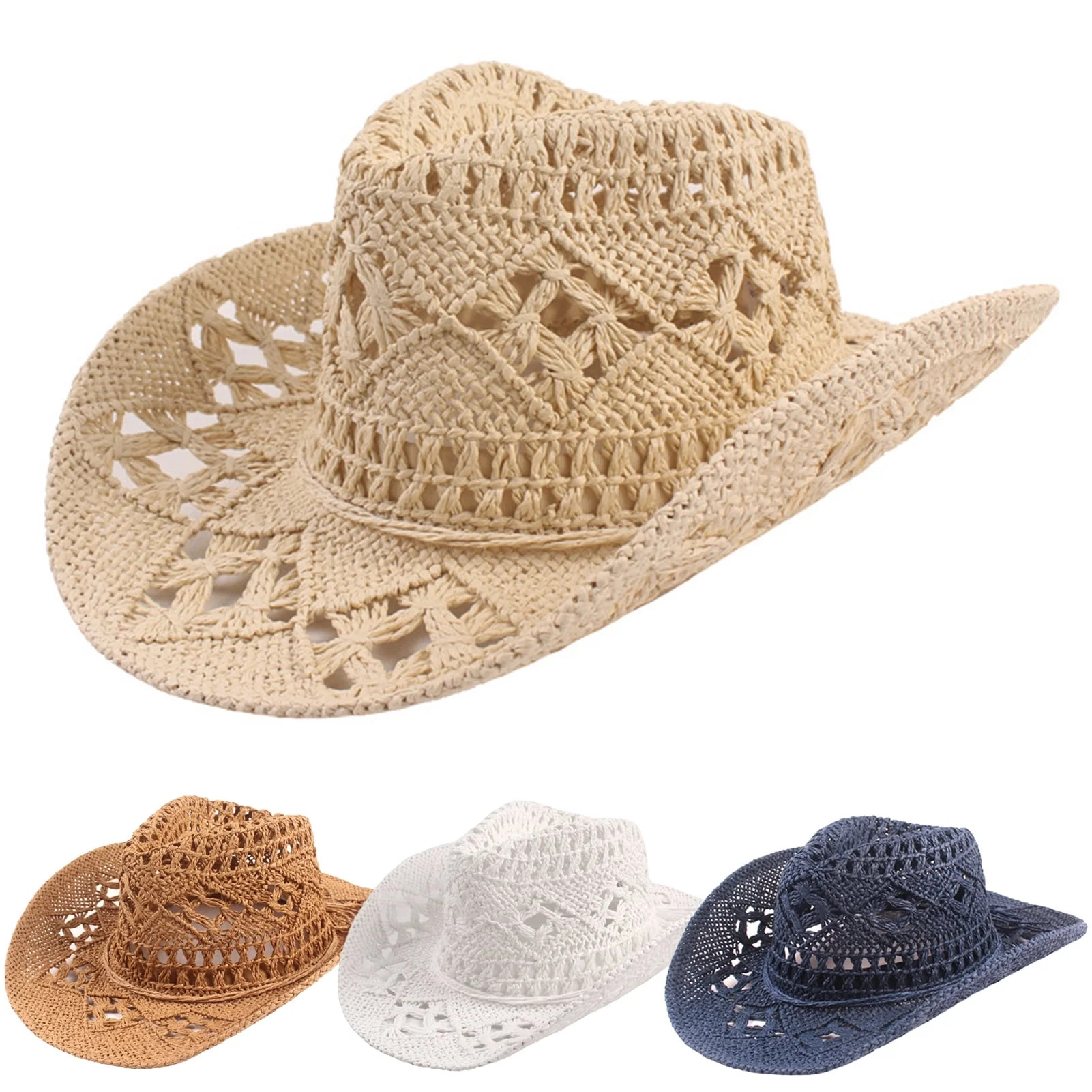 US Men Women's Summer Cowboy Cowgirl Straw Hat Hollow Out Style Roll Up Brim Sun Hat | Walmart (US)