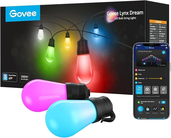 Govee Smart Outdoor String Lights, RGBIC Warm White 96ft (2 Ropes of 48ft) LED Bulbs, WiFi Patio ... | Amazon (US)