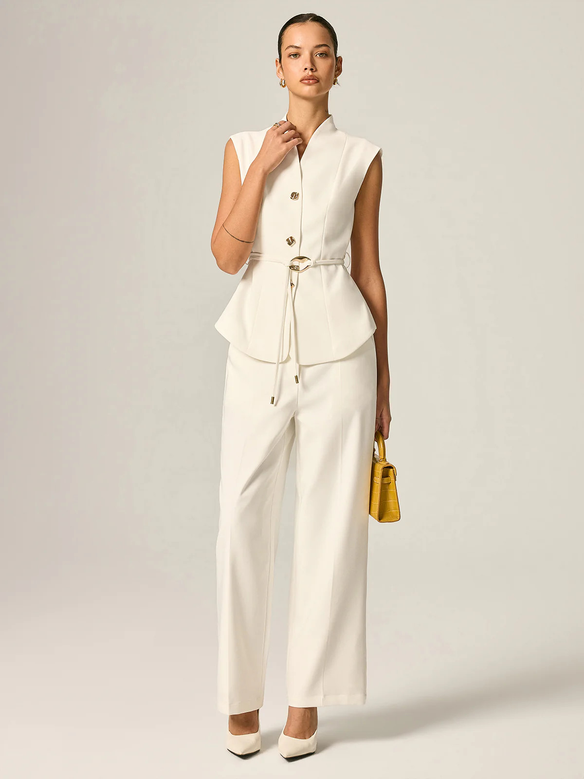 Stand Collar Belted Vest & Pants Set | Commense