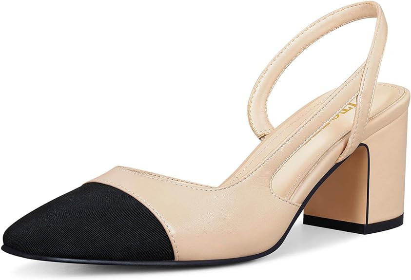 ITOZER Slingback Heels for Women Splicing Round Toe Low Chunky Heels Pumps Dress Shoes for Casual... | Amazon (US)