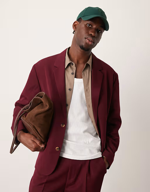 ASOS DESIGN - Veste de costume souple coupe carrée en sergé - Bordeaux | ASOS (Global)