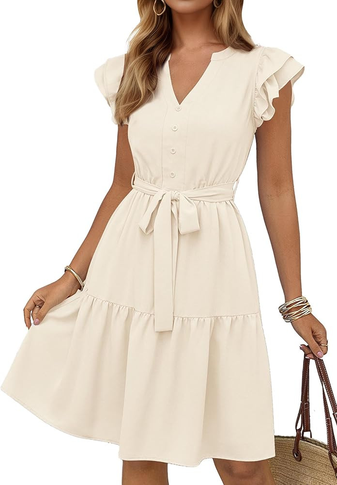 KIRUNDO Summer Dresses for Women 2026 Spring Flutter Sleeve V Neck Ruffle Flowy Tiered Knee Lengt... | Amazon (US)