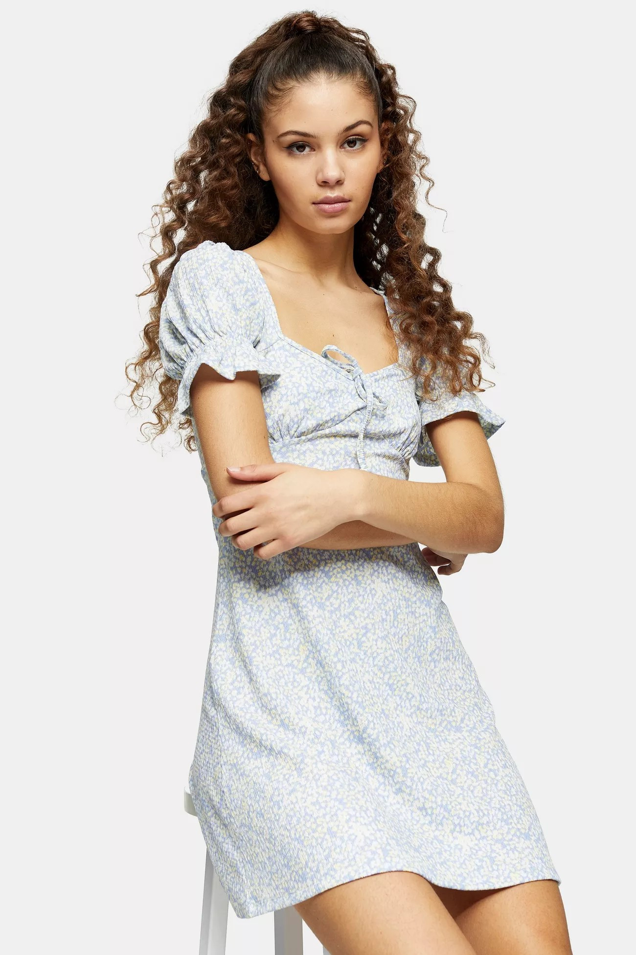 Blue Puff Sleeve Printed Flippy Dress | Topshop UK
