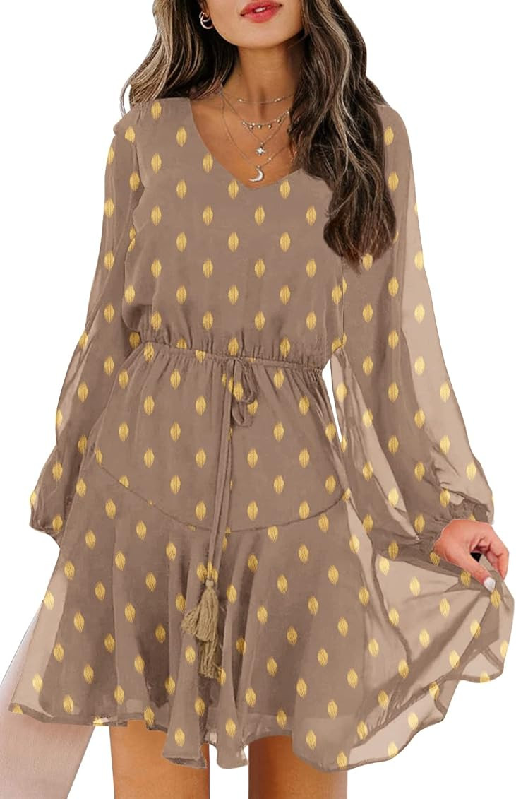 KIRUNDO Women’s Dress Long Sleeves V Neck Flowy Mini Dress Swiss Dot High Waist Chiffon Casual Dress | Amazon (US)