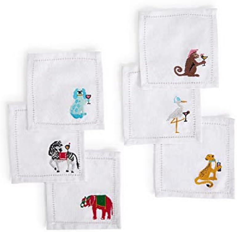 Two's Company Party Animals Set of 6 Embroidered Hemstitch Cocktail Napkins | Amazon (US)