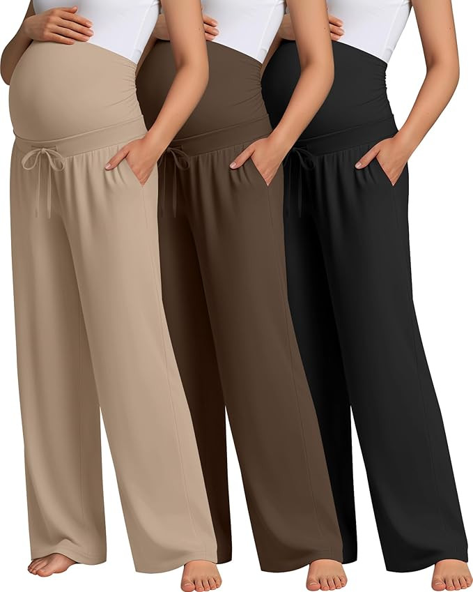 Oakgarden 3 Pcs Maternity Sweatpants Over The Belly Pregnancy Straight Wide Leg Elastic Drawstrin... | Amazon (US)