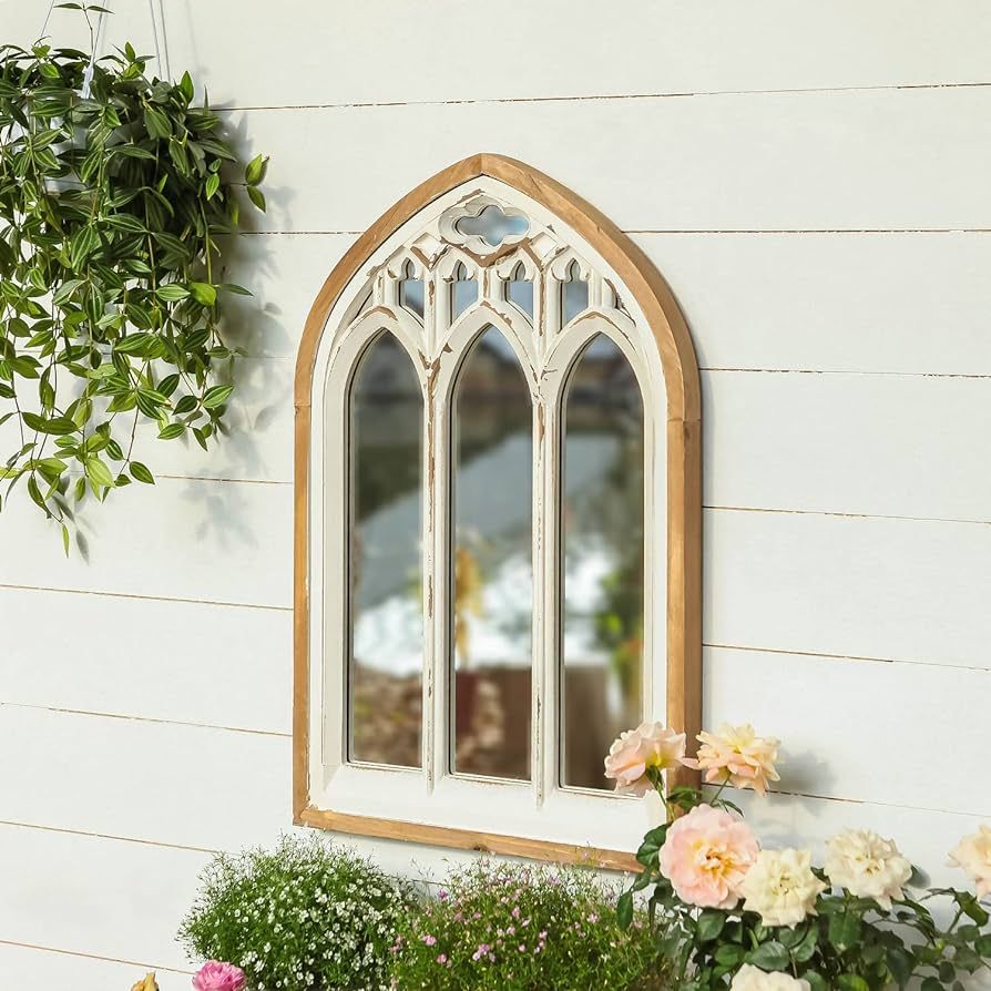 NIKKY HOME Cathedral Wood Farmhouse Wall Mirror, Wooden Large Arched Window Mirror, 25"x16" Rusti... | Amazon (US)