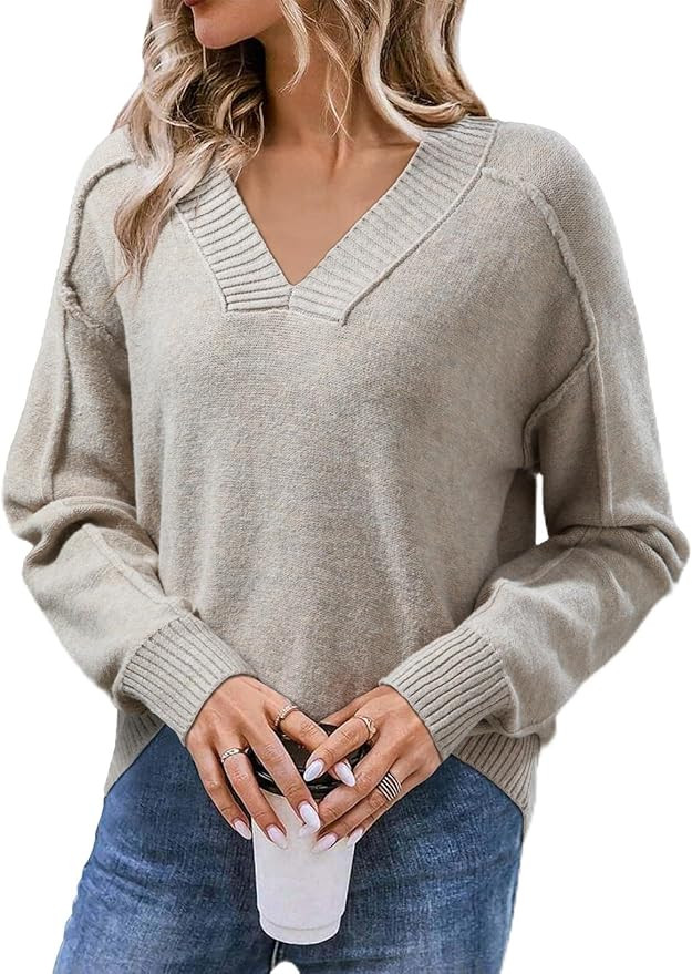 SHEWIN Womens Long Sleeve V Neck Sweaters Casual Loose Drop Shoulder Solid Knit Pullover Sweater ... | Amazon (US)