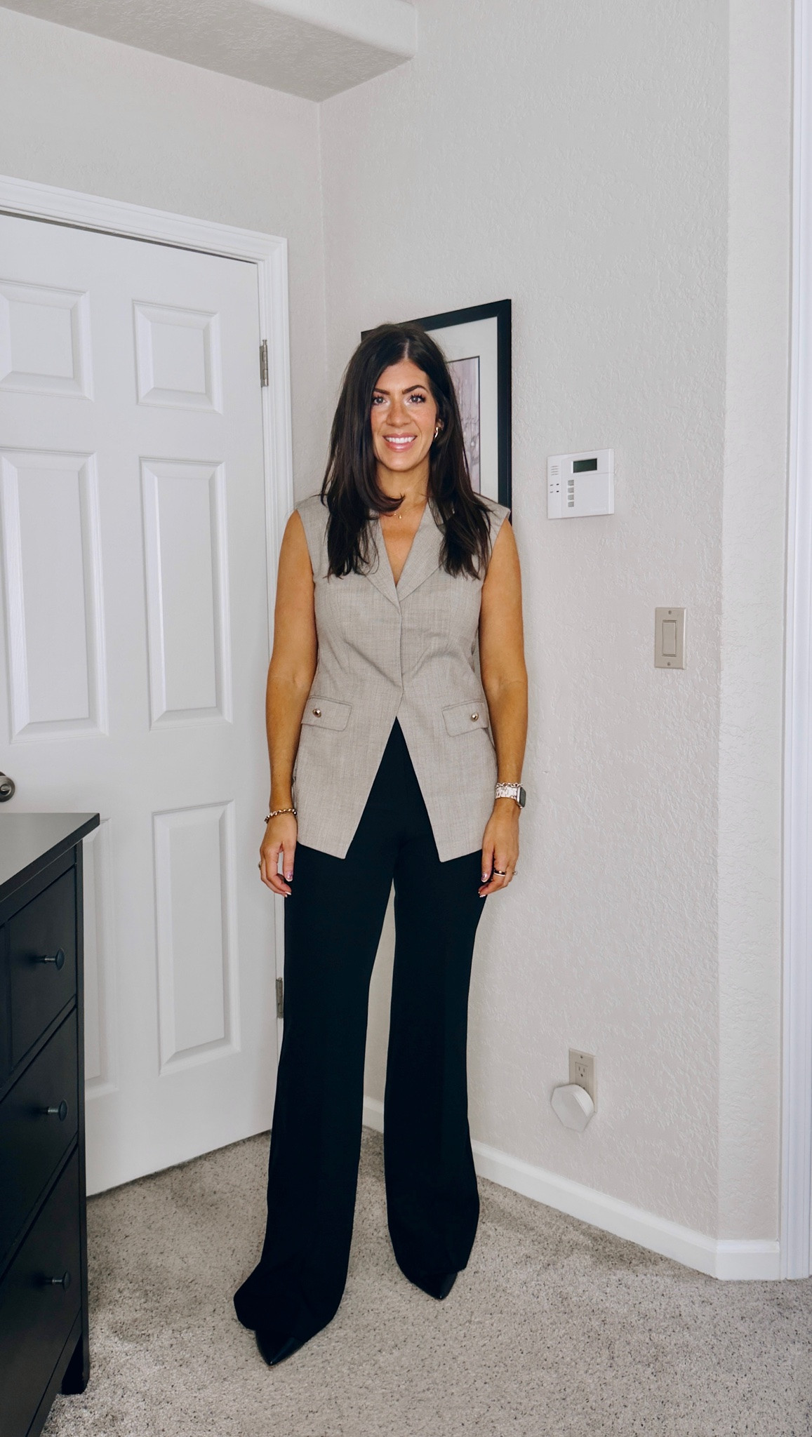 In a medium vest and 10 long flare trouser

#LTKSaleAlert #LTKMidsize #LTKWorkwear