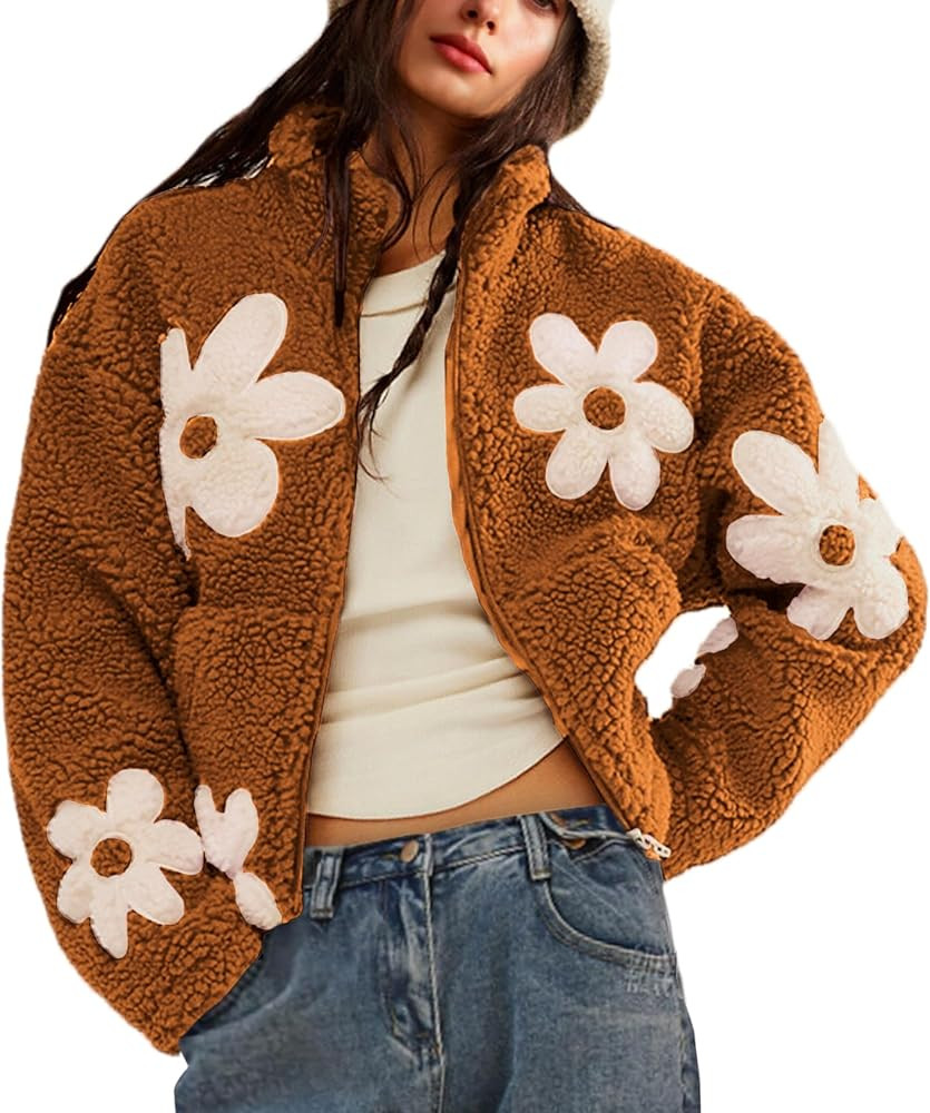 Maixang Womens Floral Print Sherpa Fleece Jackets Winter Zipper Cropped Coat Casual Long Sleeve O... | Amazon (US)