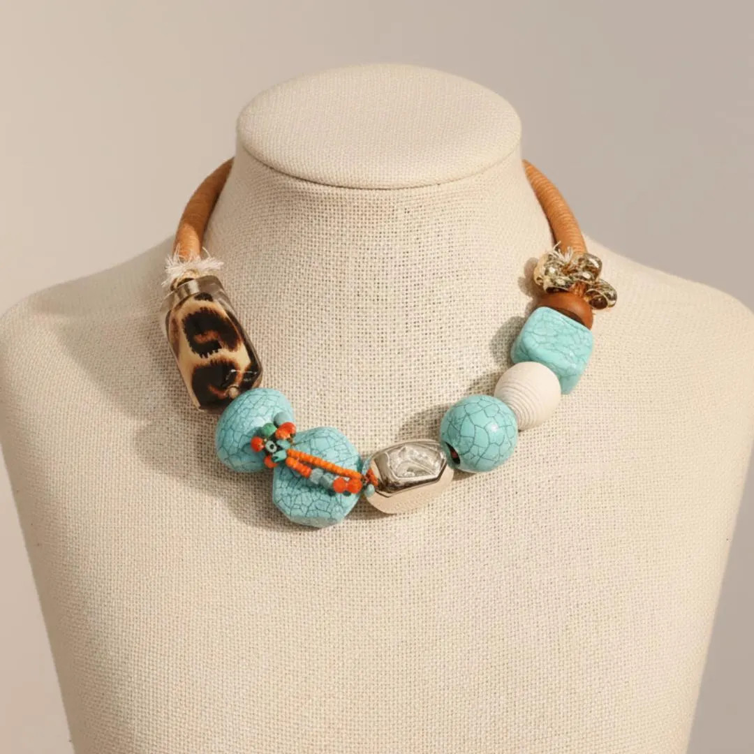 Handmade Boho Statement Necklace With Turquoise Beads and Brown Cord Bold Chunky Jewelry With Gol... | Etsy (DACH)