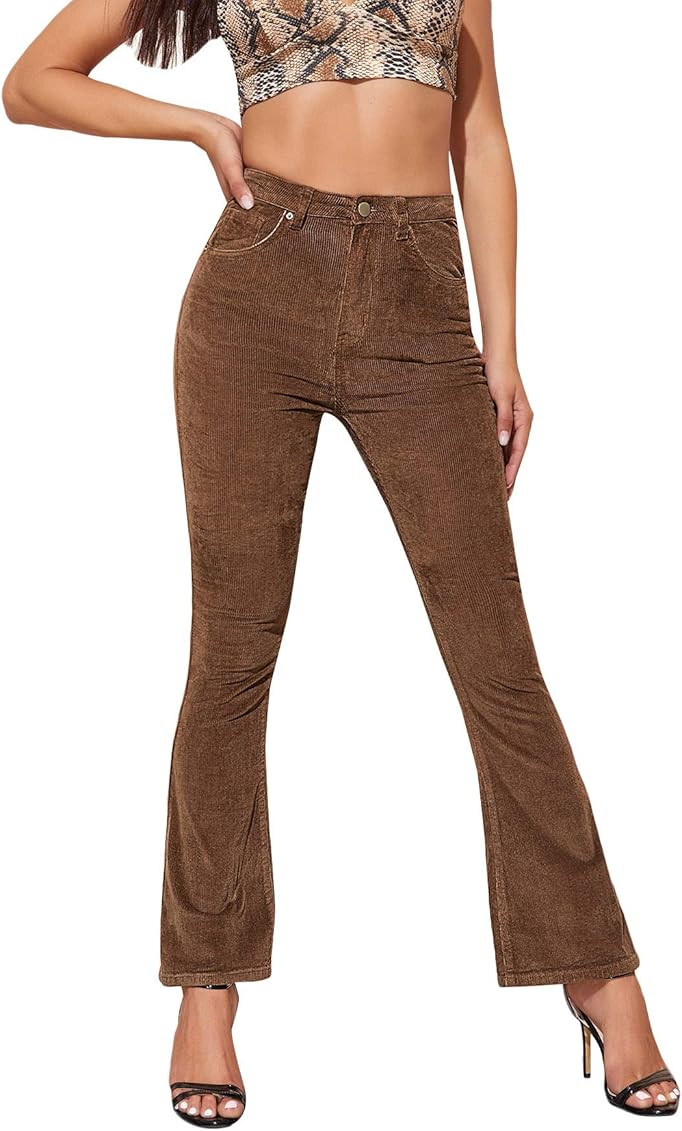 Women's Elegant High Waist Flare Leg Zipper Fly Corduroy Trouser Pants | Amazon (US)