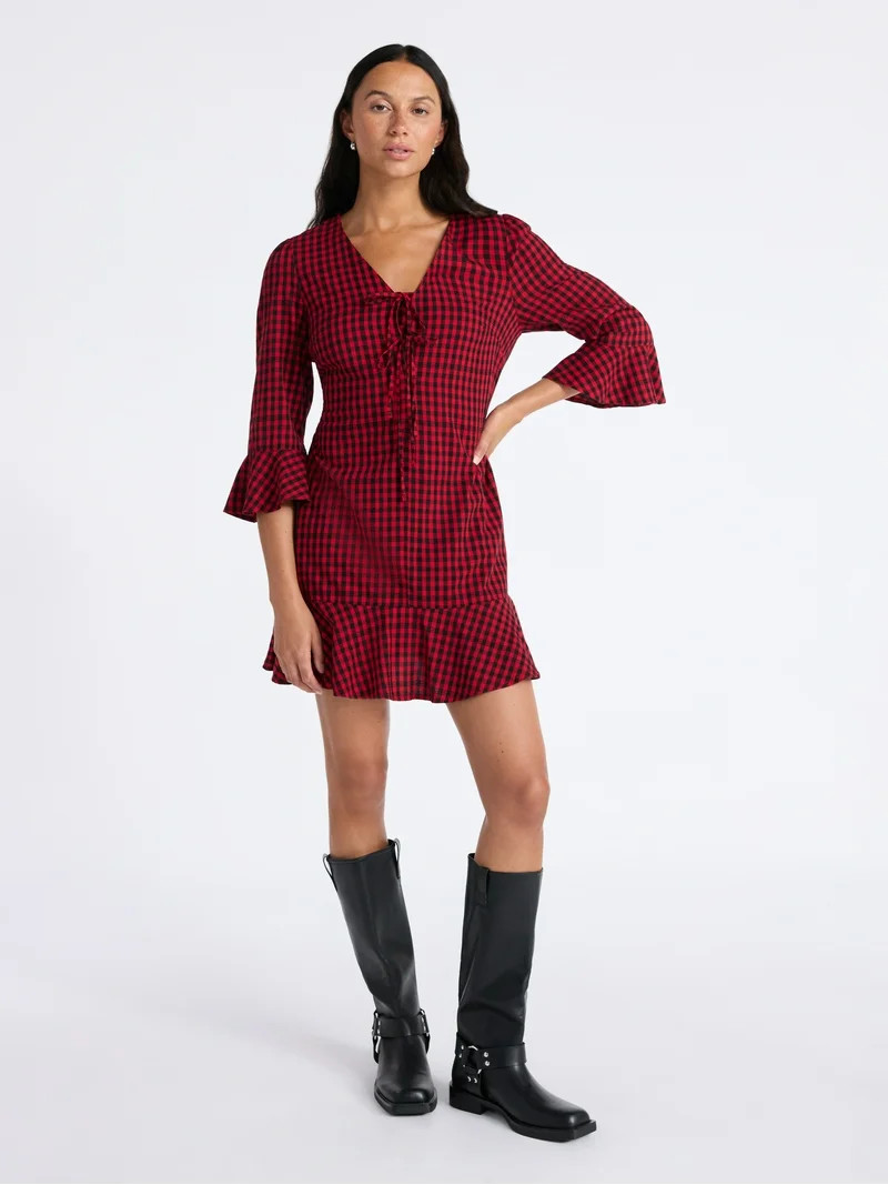 Time and Tru Women's Plaid Tie Front Mini Dress, Sizes XS-XXXL | Walmart (US)