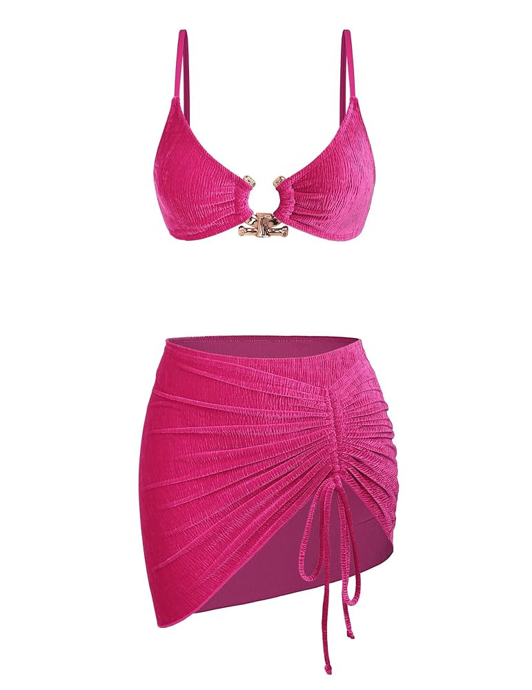 Ruched 3 Piece Swimsuits for Women Ribbed Velvet Bikini Sets with Sarong Coverup Metal Ring Bathi... | Amazon (US)