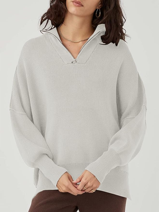 Prinbara Women's Long Sleeve 1/4 Zipper Drop Shoulder Oversized Slouchy Ribbed Knit Sweatshirt Pu... | Amazon (US)