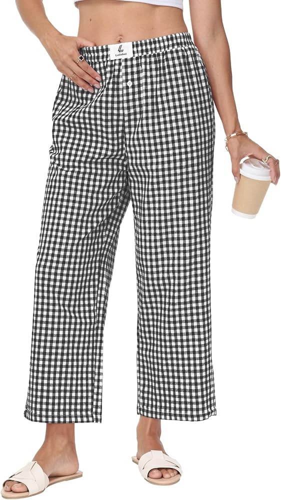 Women Striped Gingham Cropped Pants Lounge Boxer Rayon Wide Leg Pajama Plaid Bottoms Checkered Tr... | Amazon (US)