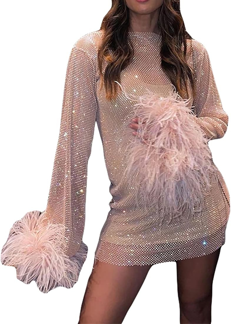 Seyumixi Women Long Sleeve Sheer Mesh Dress Sexy Feather Trim Mini Dress See Through Hollow Out S... | Amazon (US)