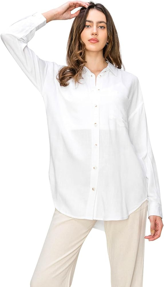 Cali1850 Women's XS~XL Long Sleeve Linen Relaxed Loose Fit Button Down Basic Shirt | Amazon (US)