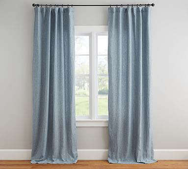 Custom Belgian Flax Linen Blackout Curtain - Blue Chambray | Pottery Barn (US)