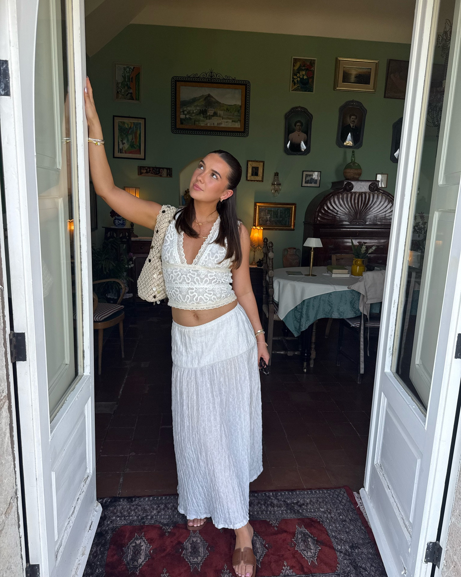 Summer day outfit 
Maxi skirt 
Free people top 
Euro summer 
Italian holiday outfit 
Sequin bag