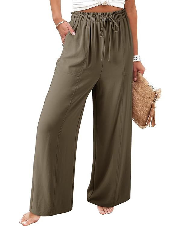 Dokotoo Women's Flowy Wide Leg Pants Casual Beach Pants High Waisted Drawstring Palazzo Trousers ... | Amazon (US)