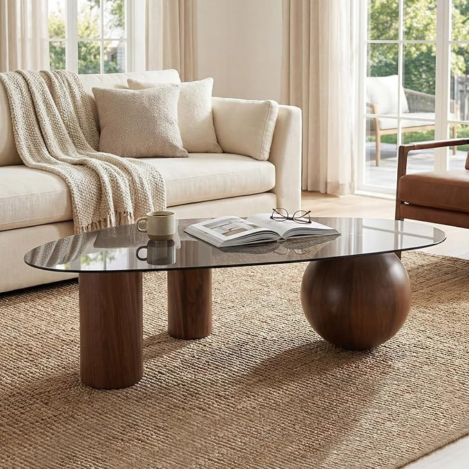 55" Modern Glass Coffee Table for Living Room, Large Coffee Table with Grey Oval Tempered Glass T... | Amazon (US)