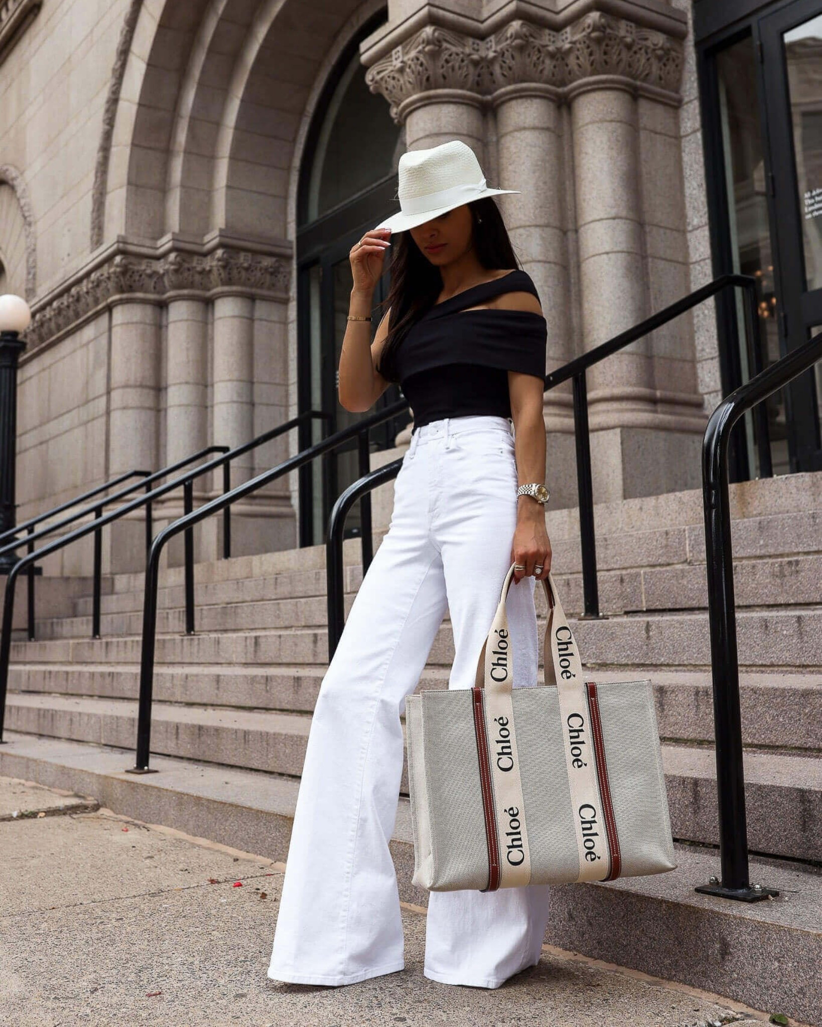 Summer outfit ideas
Agolde one shoulder bodysuit linking similar 
White wide leg jeans
Chloe woody tote

#LTKOver40 #LTKSeasonal #LTKootd