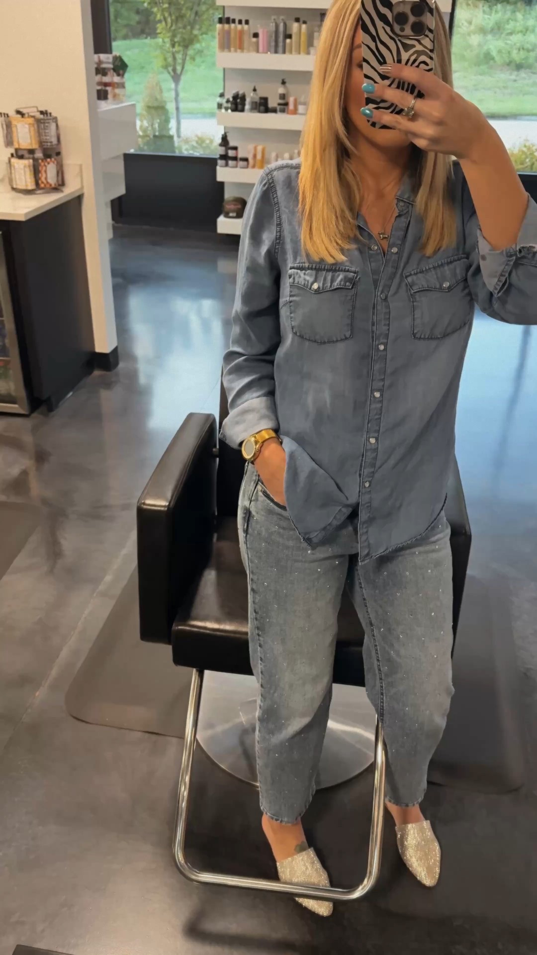 Denim on Denim with a touch of sparkle! ✨ 
The savvy stylist, Steve Madden, rhinestone pants, rhinestone shoes, fall outfit, fall transition outfit. 

#LTKFindsUnder100 #LTKStyleTip #LTKBeauty