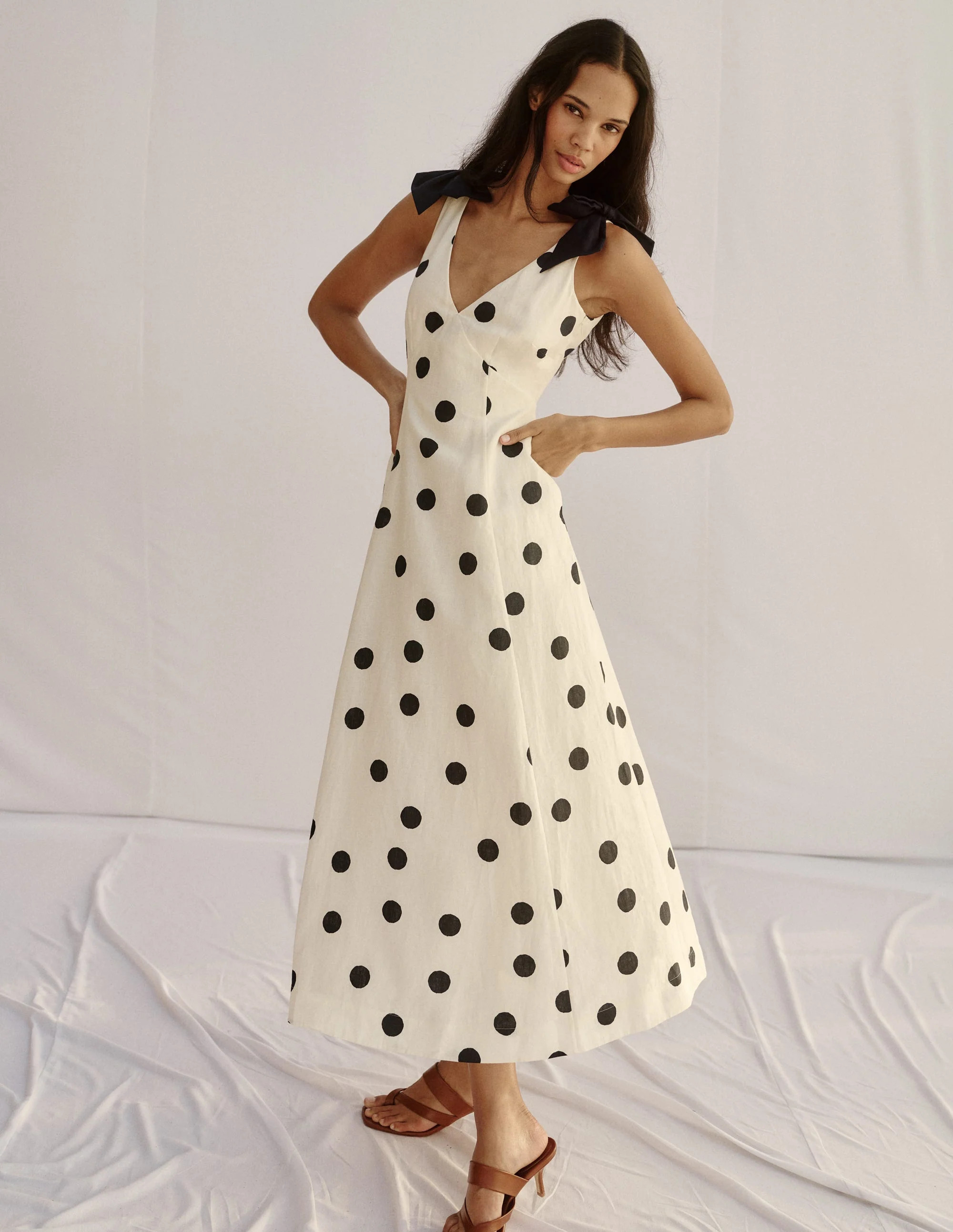 Bow Detail Empire Dress-Ivory Painted Dot Spaced | Boden UK