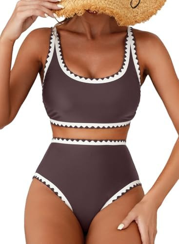 Herseas Women's Bikini Sets Floral Print Whip Stitch 2 Piece Swimsuits High Waisted Scoop Bathing... | Amazon (US)