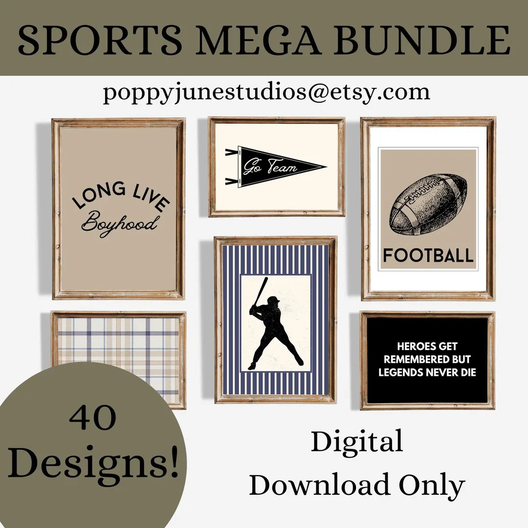 Sports Nursery Gallery Wall Mega Bundle, Sports Themed Bedroom, Vintage Sports Nursery, Printable... | Etsy (US)